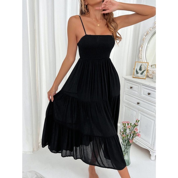 WILA Dresses & Skirts - minimalist Shirred bust Ruffle Hem tiered Cami midi Dress black